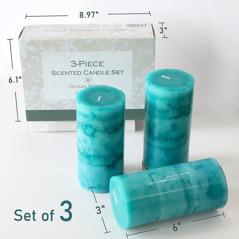 FLAVCHARM Pillar Candles Ocean Breeze Scented 3x6 inch Long-Lasting Clean Burning Candle 3 Pack Teal Turquoise Candles Coastal Themed Ocean Marine Rustic Decor for Home Bathroom Wedding - Image 3